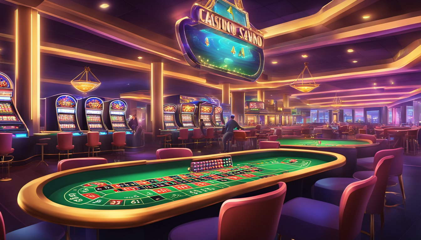 A bustling online casino with colorful slot machines, roulette tables, and card games. Bright lights and vibrant graphics create an exciting atmosphere