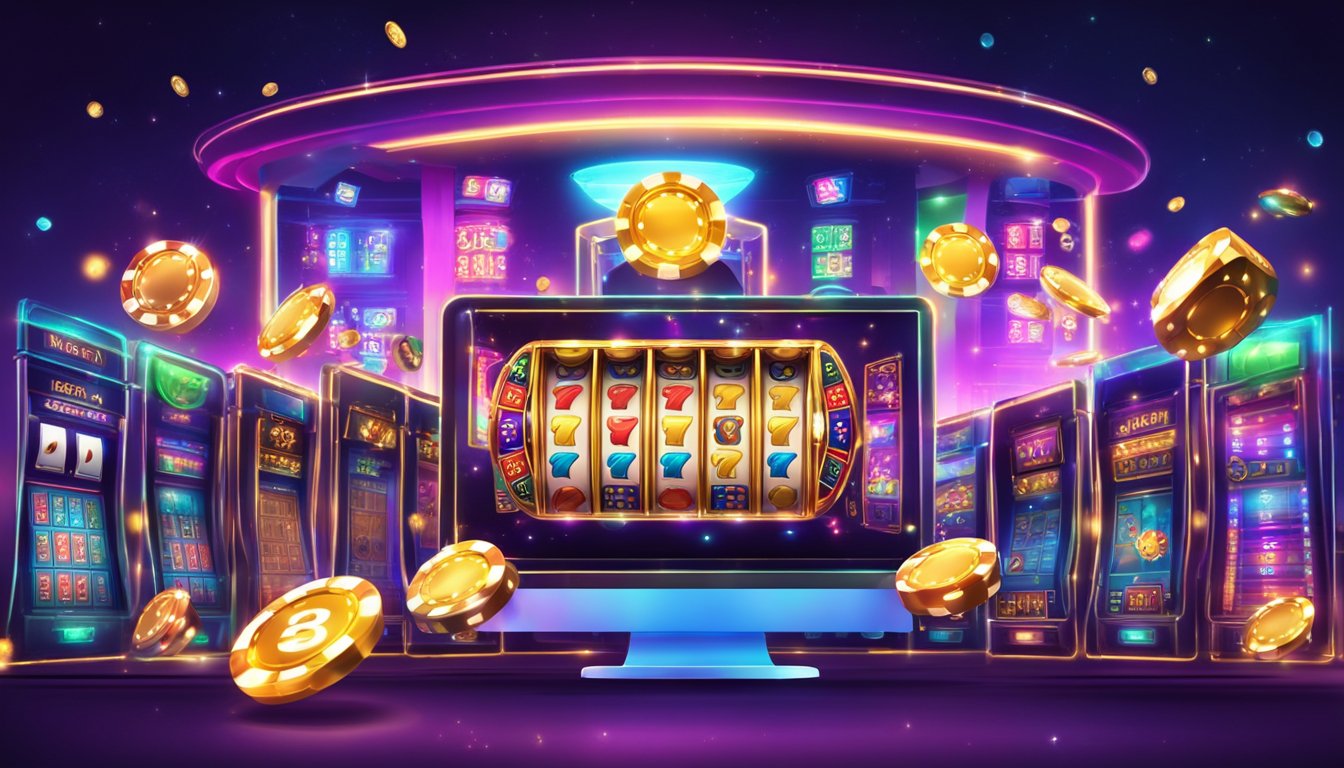 A vibrant online casino with various games and entertainment options. Bright lights and colorful graphics create an exciting and lively atmosphere