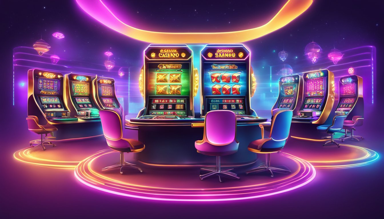 A vibrant online casino with various game options and interactive features. Bright lights and colorful graphics create an exciting and dynamic atmosphere