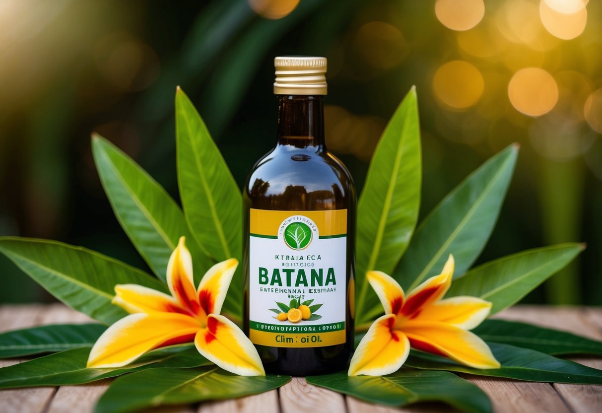 A bottle of batana oil surrounded by tropical leaves and flowers