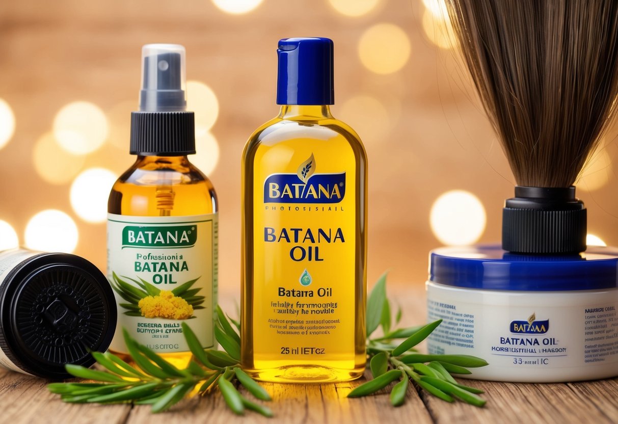 A bottle of batana oil surrounded by various hair care products, with luscious strands of hair appearing healthier and shinier after using the oil