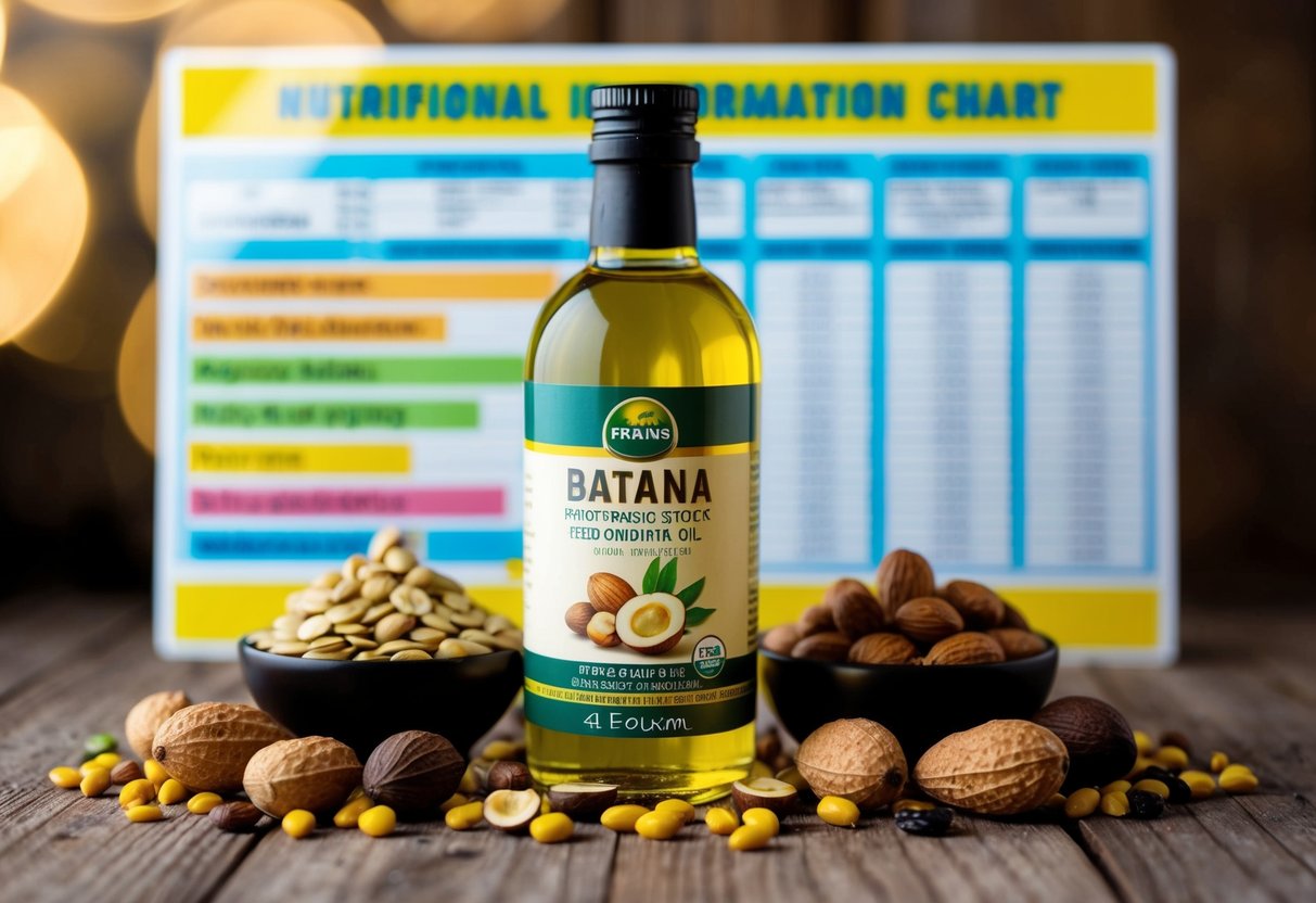 A bottle of batana oil surrounded by various nuts and seeds, with a nutritional information chart in the background