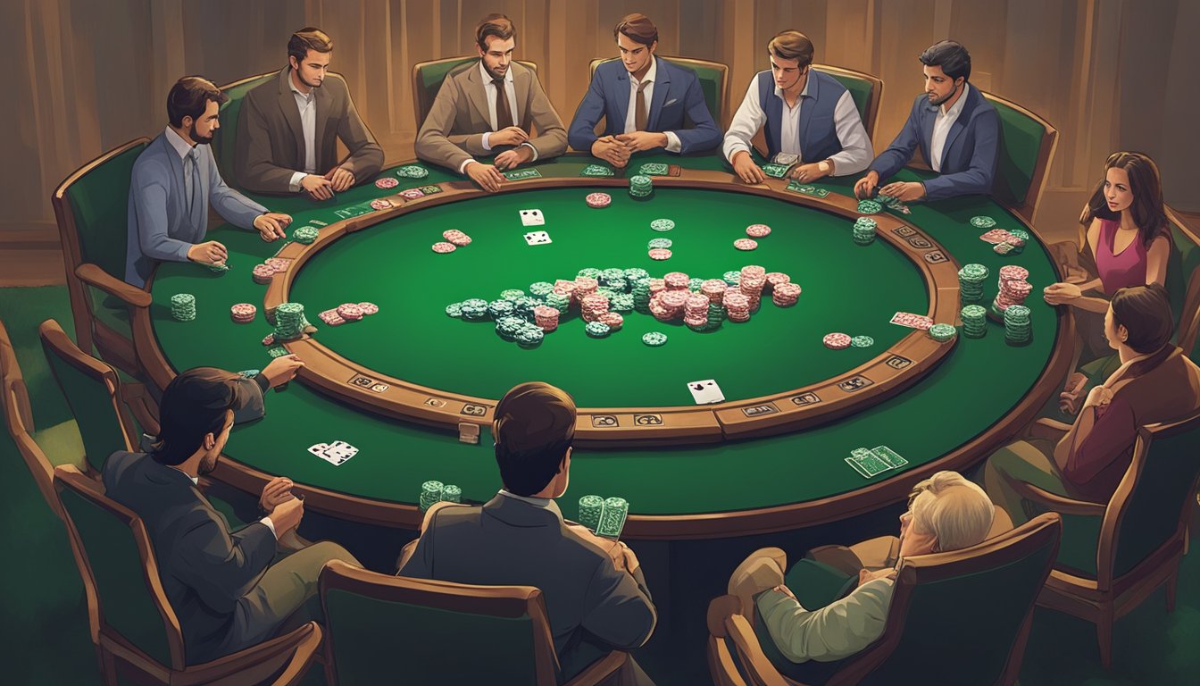 A group of players sitting around a green felt poker table, with cards and chips scattered across the surface. A tense atmosphere as they strategize their next moves in a game of Texas Hold'em