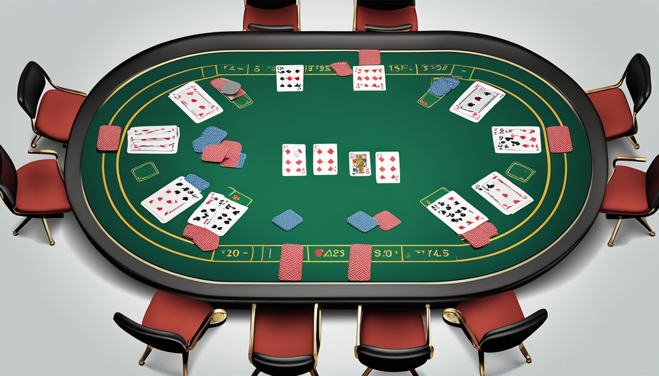 A poker table with various card combinations laid out, showcasing the different hand rankings in Texas Hold'em