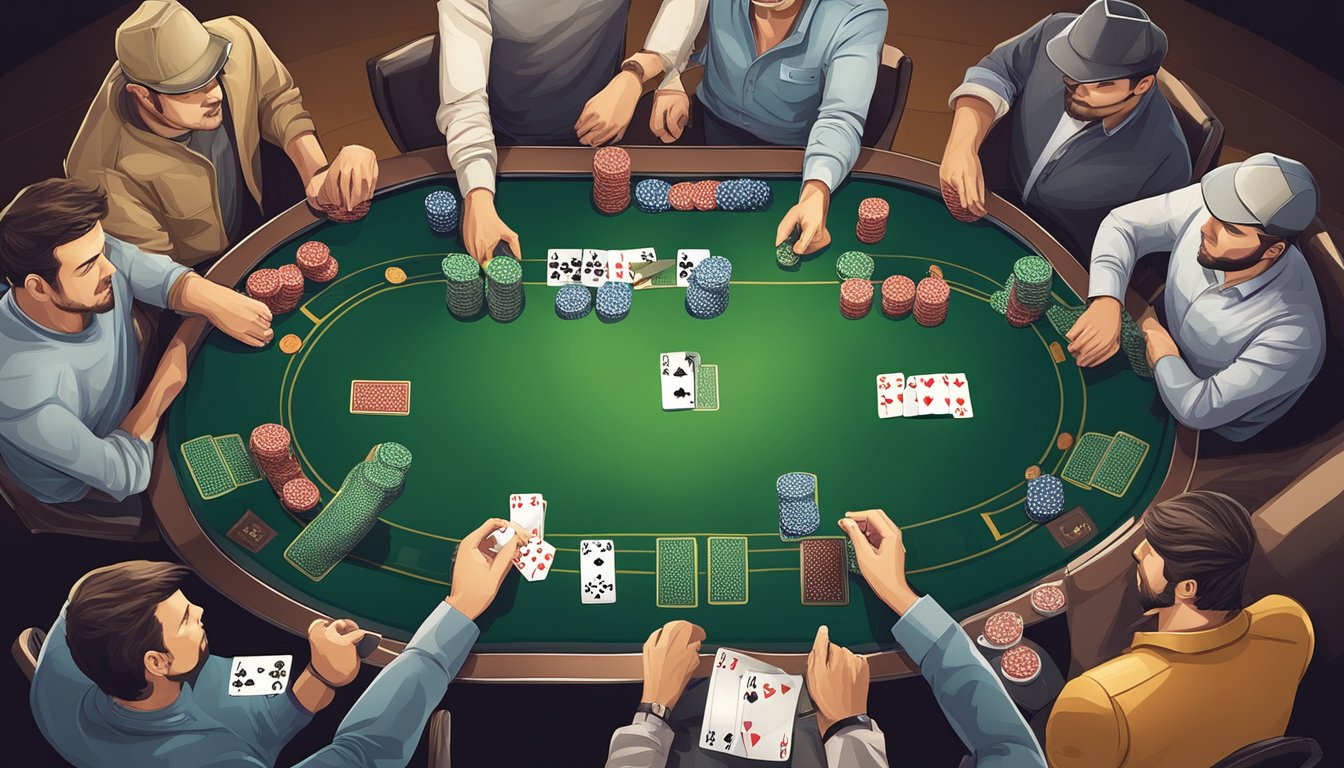 A poker table with cards and chips, players strategizing and using various techniques to outplay their opponents in a game of Texas Hold'em