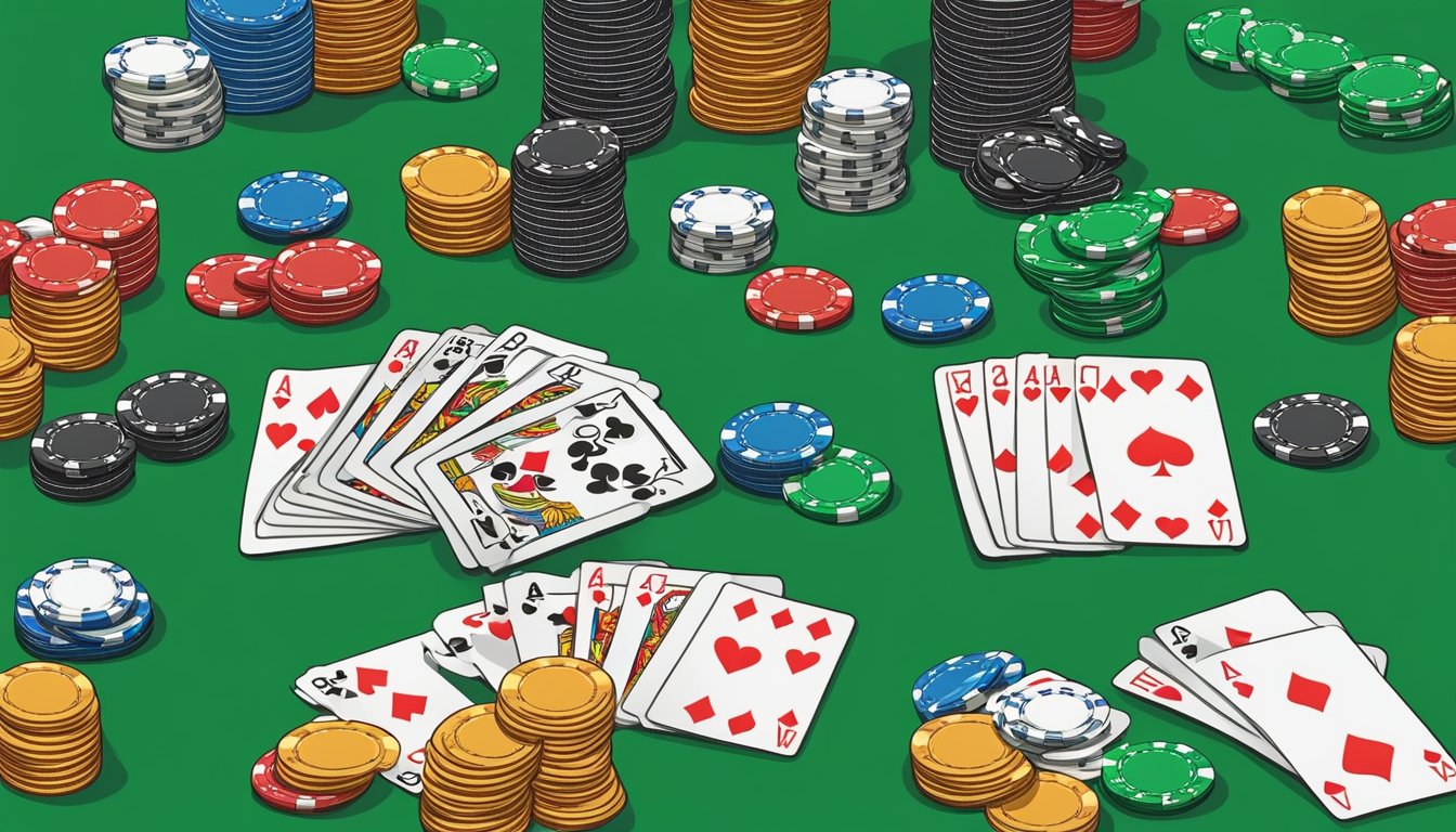 A poker tournament and a cash game compared. Vibrant chips and cards on a green felt table. Players strategize and make bets