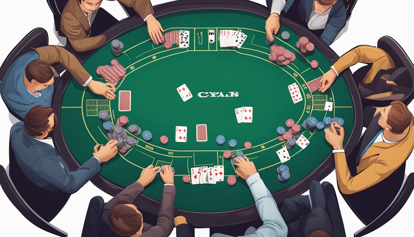 A poker table with cards and chips scattered, players' intense expressions, and a dealer's hands dealing cards