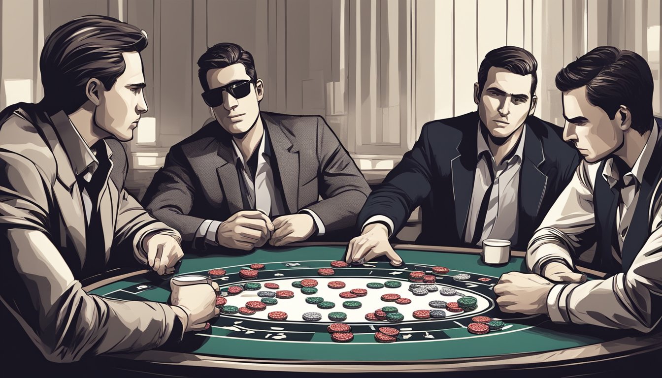 A group of poker chips and cards arranged on a table, with players' expressions and body language indicating tension and focus