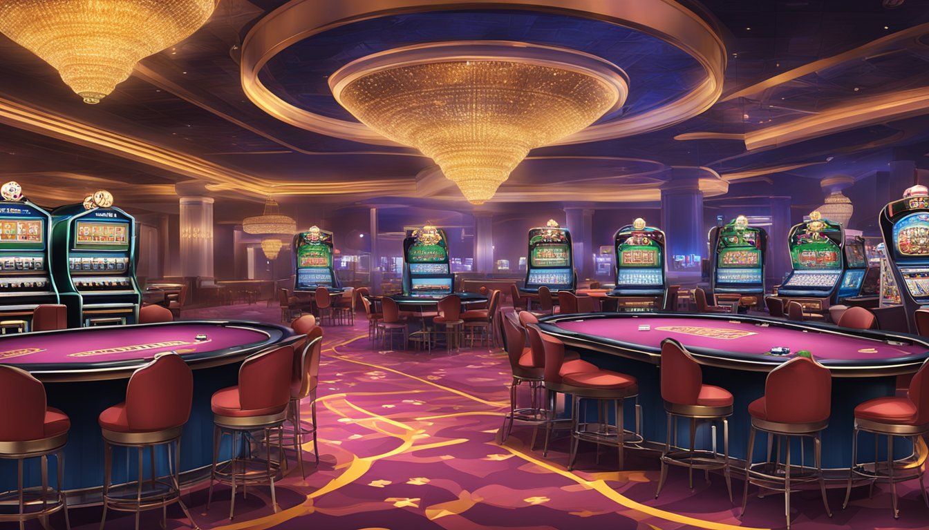 A bustling casino with poker tables and a vibrant online poker platform featuring Texas Hold'em