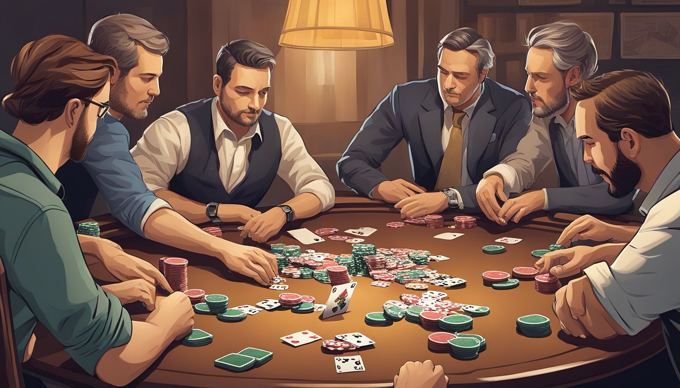 A group of people gather around a table, chips and cards scattered. Tension fills the air as players strategize and bluff in a game of Texas Hold'em