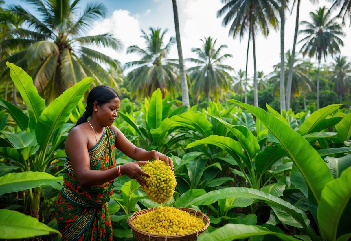 A lush tropical forest with tall palm trees and vibrant foliage. A native woman harvesting batana fruit, extracting oil with traditional methods