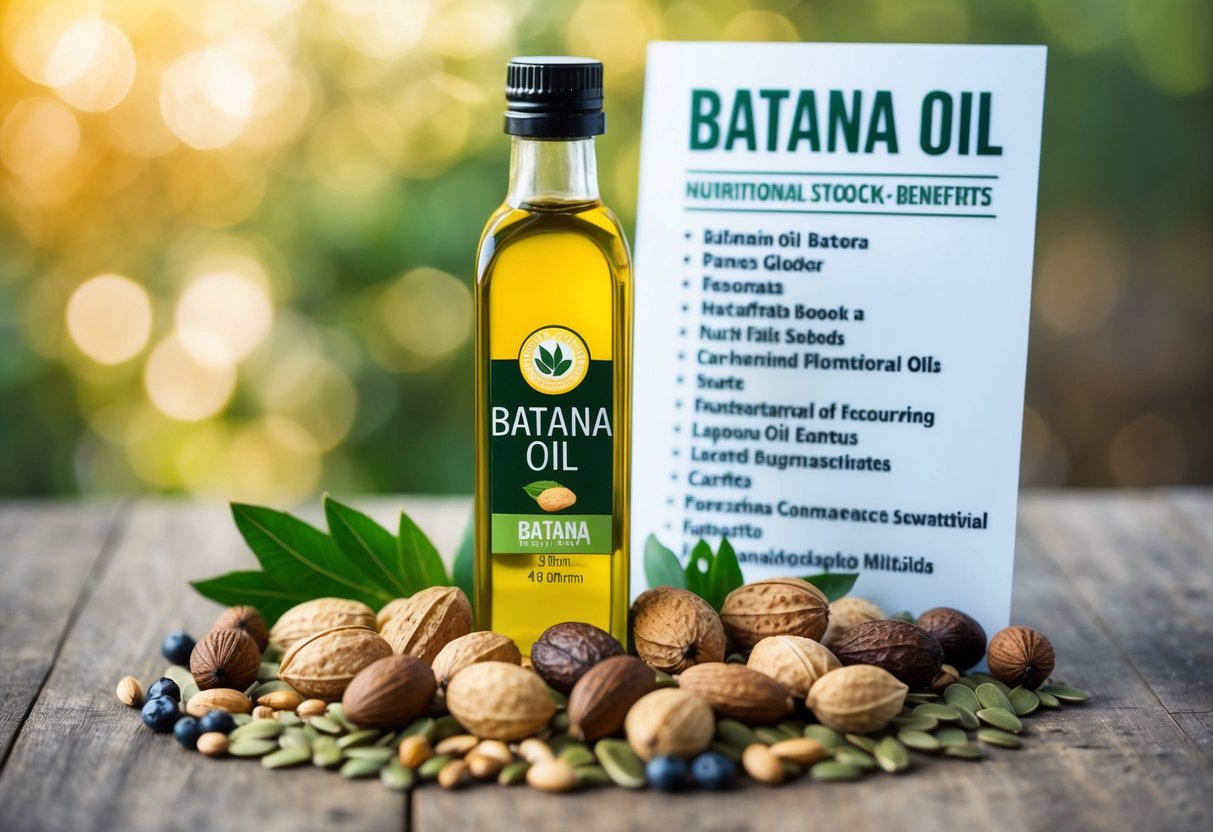 A bottle of batana oil surrounded by various nuts and seeds, with a list of its nutritional benefits displayed nearby