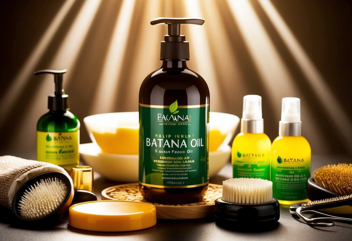 A bottle of batana oil surrounded by various hair care products and tools, with rays of light shining down on it to highlight its benefits