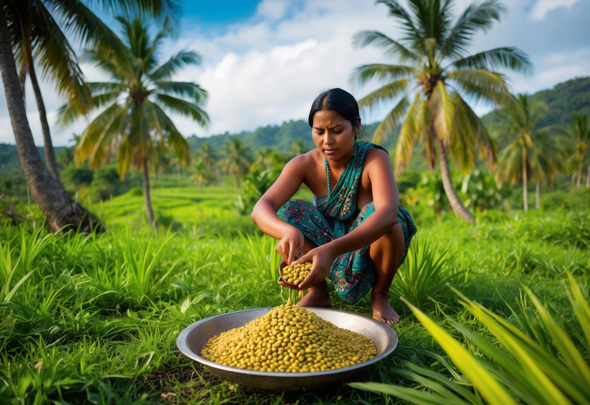 A lush tropical landscape with palm trees and a native woman extracting oil from batana seeds using traditional methods