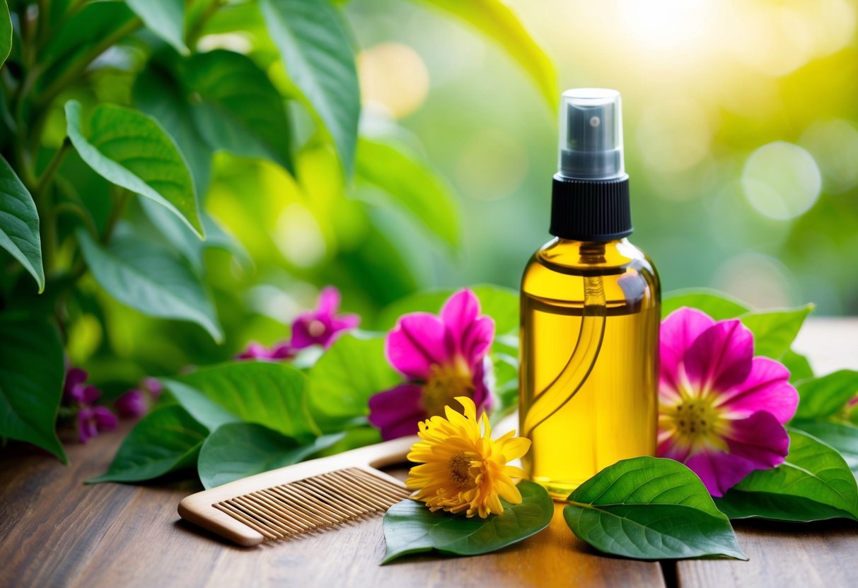 A bottle of batana oil sits next to a comb and a mirror on a wooden table, surrounded by lush green leaves and vibrant flowers