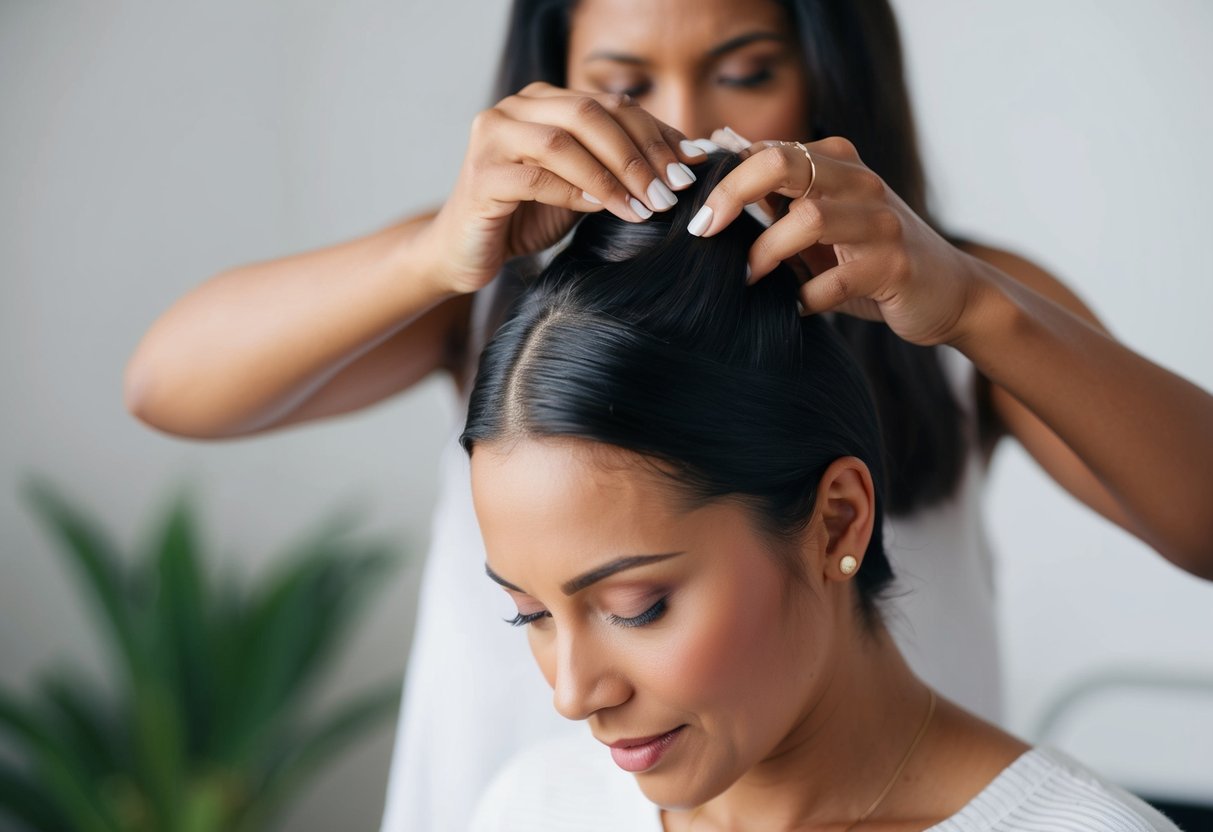 A woman applies batana oil to her scalp, massaging it in with her fingertips. The oil nourishes her hair, promoting optimal growth