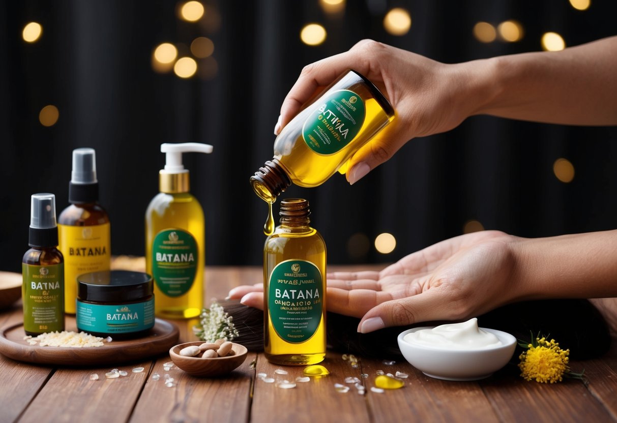 A bottle of Batana oil sits on a wooden table surrounded by various hair care products. The oil is being poured onto a hand and massaged into the hair