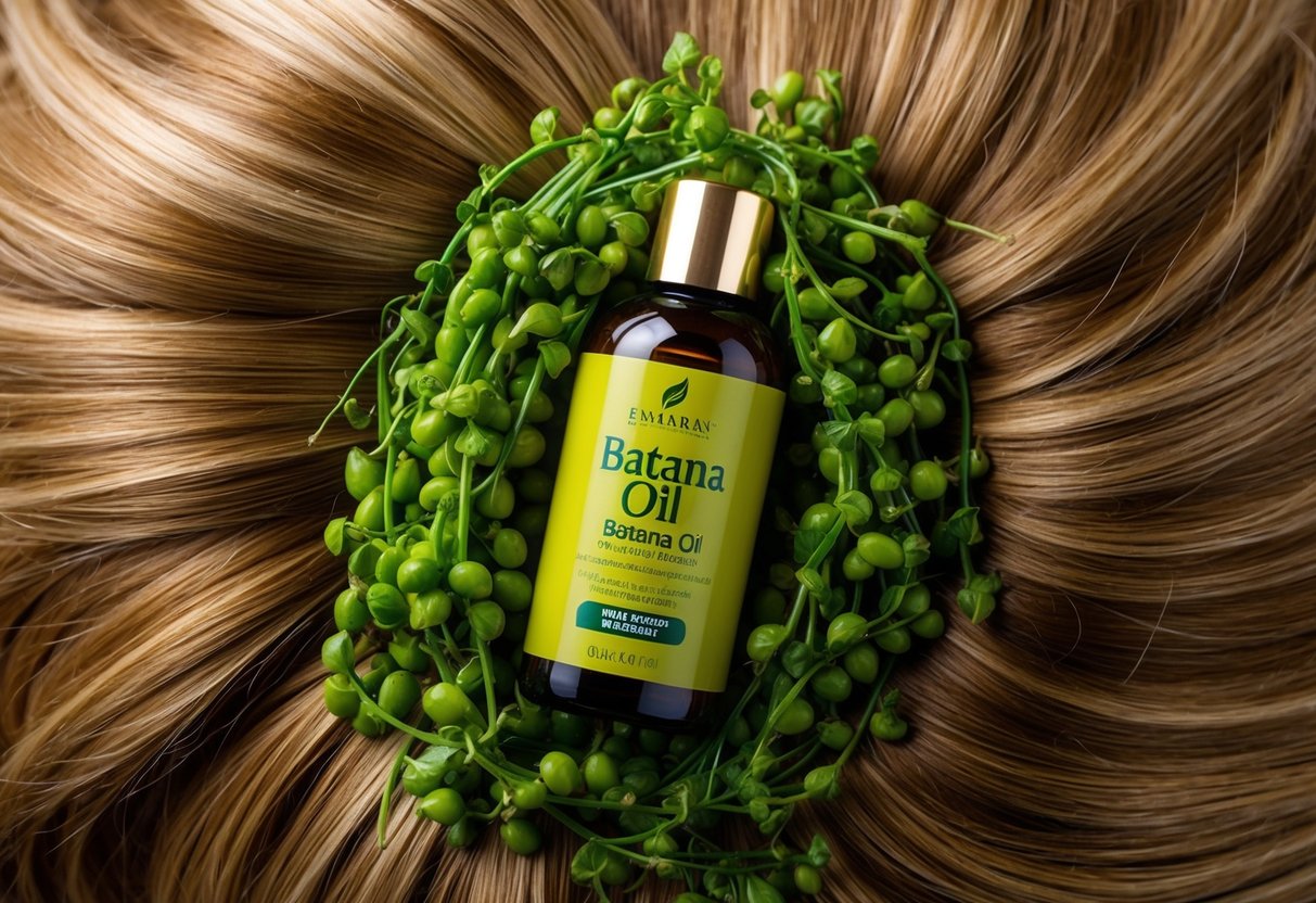 A bottle of batana oil surrounded by lush, healthy hair strands, showcasing its benefits for hair thickness and health