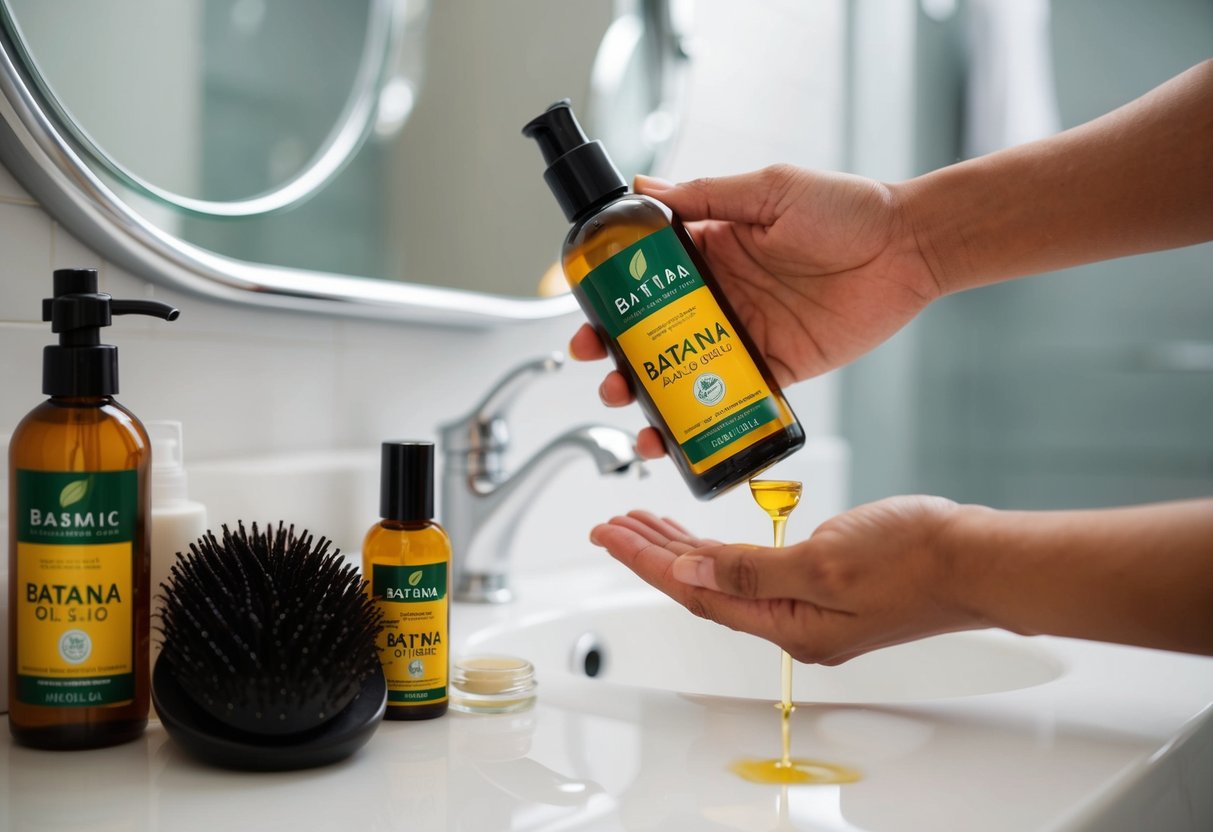 A bottle of Batana Oil sits on a bathroom counter, surrounded by hair care products. A hand pours a small amount of oil into the palm