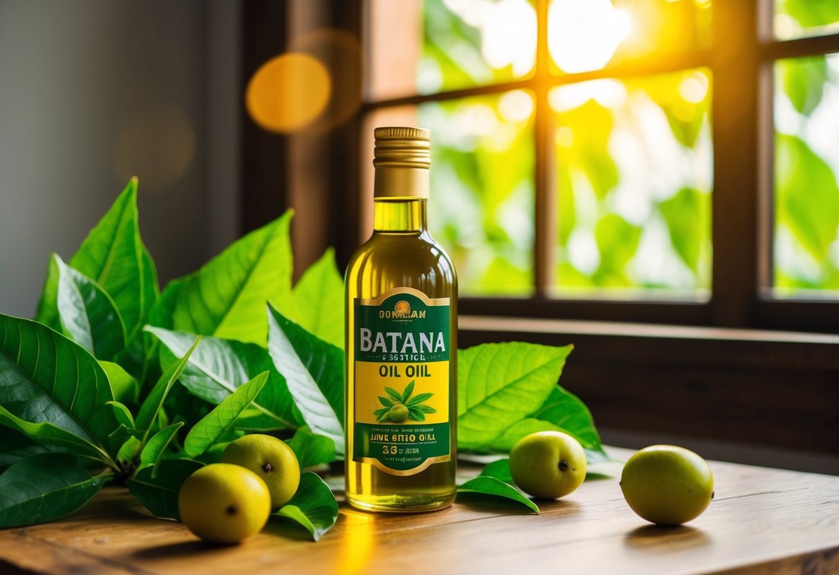 A bottle of batana oil sits on a wooden table, surrounded by lush green leaves and a few batana fruits. Sunlight streams in through a nearby window, casting a warm glow on the scene