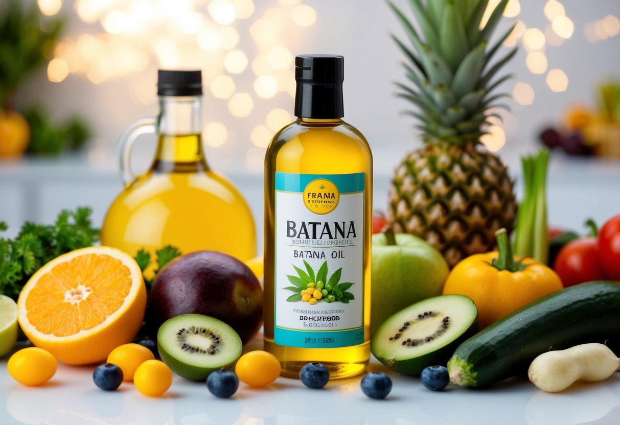 A bottle of batana oil surrounded by various fruits and vegetables, with a focus on ingredients known for their nutritional benefits for hair health