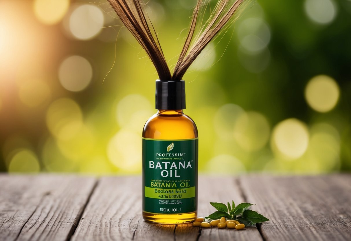 A bottle of batana oil with hair strands growing longer and thicker