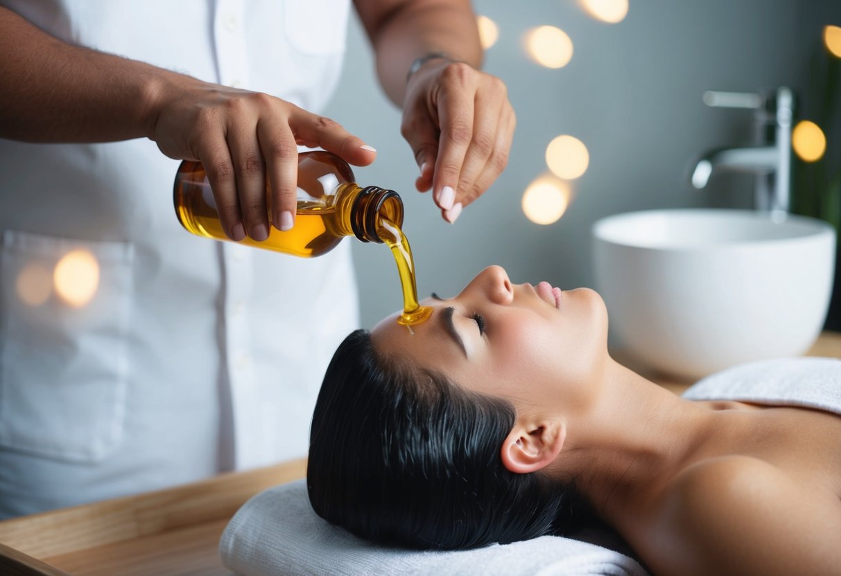 A hand pouring batana oil onto a scalp, massaging it in, then waiting before washing hair