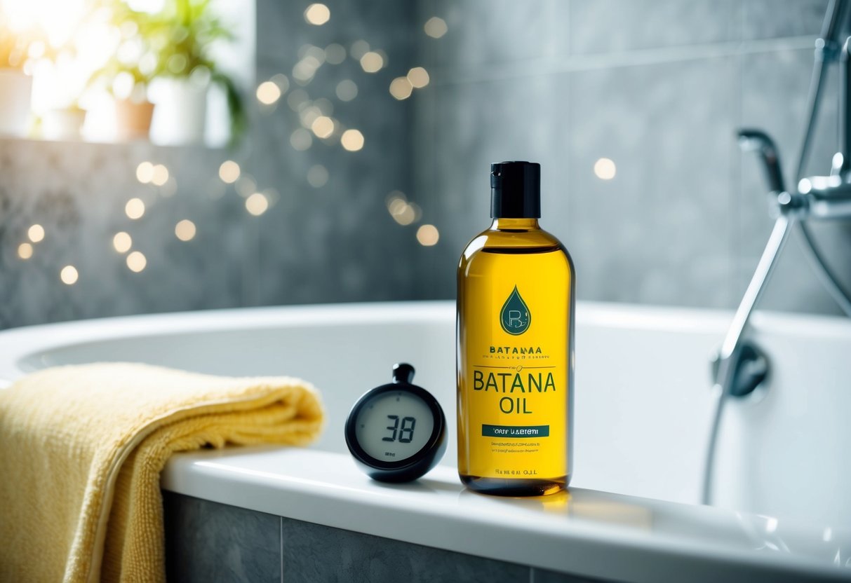 A bottle of batana oil sits next to a shower, with a timer set for 30 minutes. A towel is draped over the edge of the bathtub