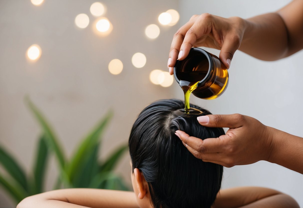 A hand pouring batana oil onto hair, massaging it in, and then waiting for a period of time before washing it out