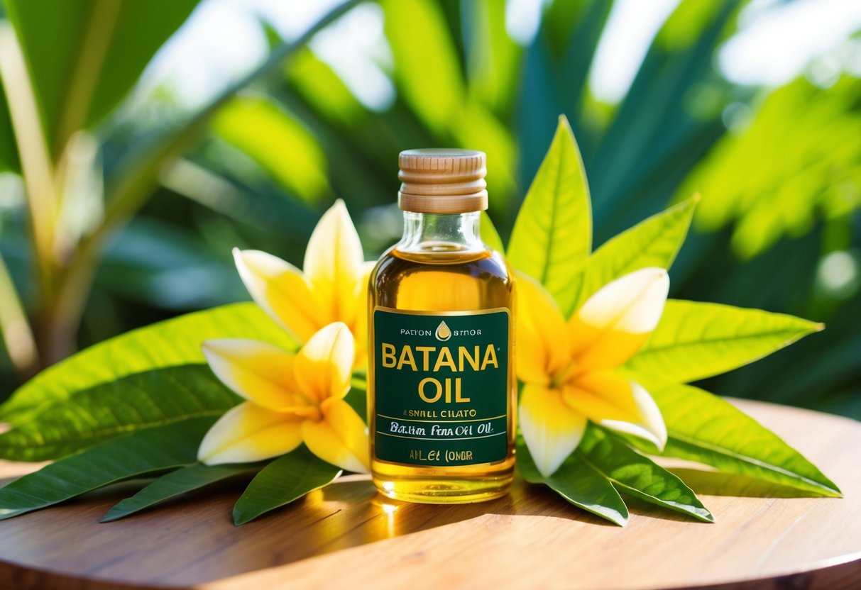 A small bottle of batana oil sits on a wooden table, surrounded by tropical leaves and flowers. The oil is a rich golden color, with a glossy sheen in the sunlight