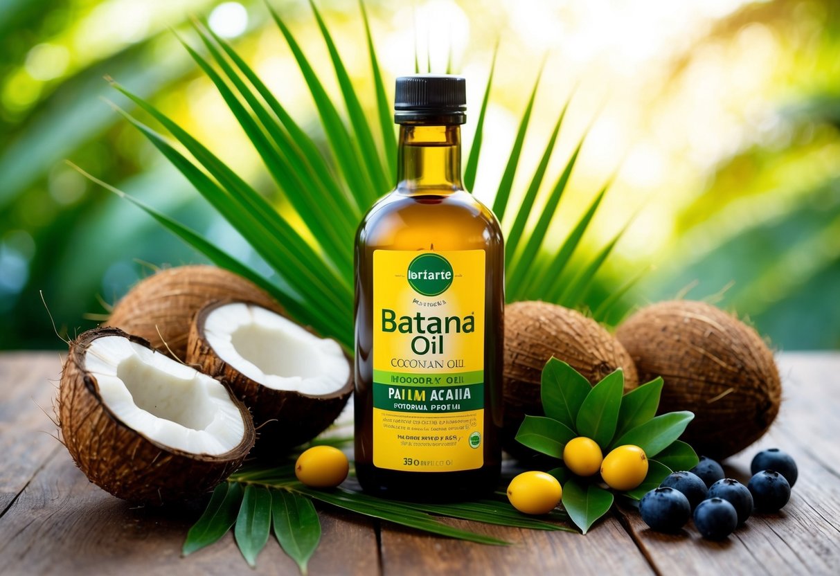 A bottle of batana oil surrounded by ingredients like palm leaves, coconuts, and acai berries, showcasing its nutritional properties