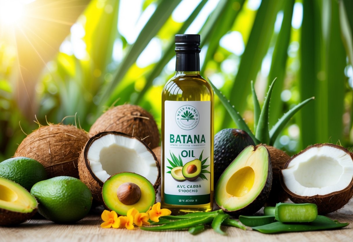 A bottle of batana oil surrounded by various natural ingredients like coconuts, avocados, and aloe vera. The scene is set in a tropical environment with lush greenery and sunlight streaming through the leaves