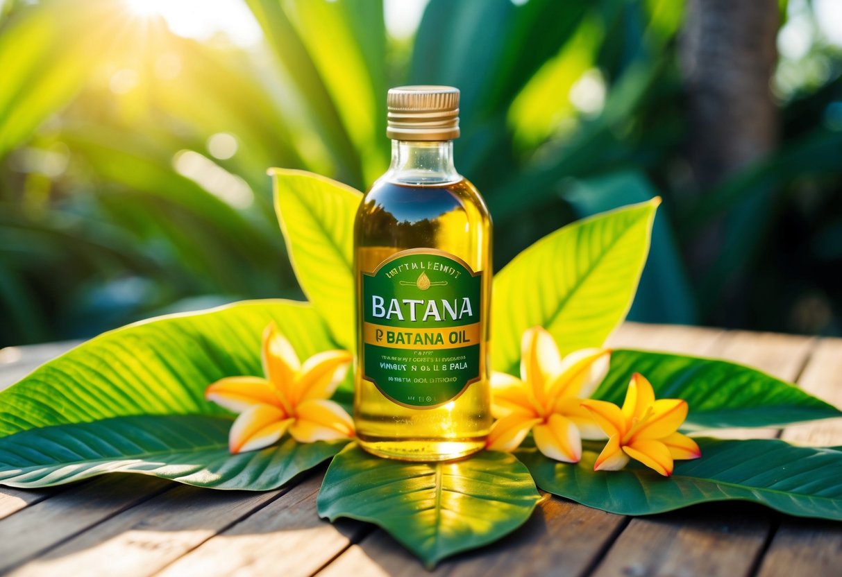 A bottle of batana oil sits on a wooden table, surrounded by tropical leaves and flowers. The oil glistens in the sunlight, casting a warm glow