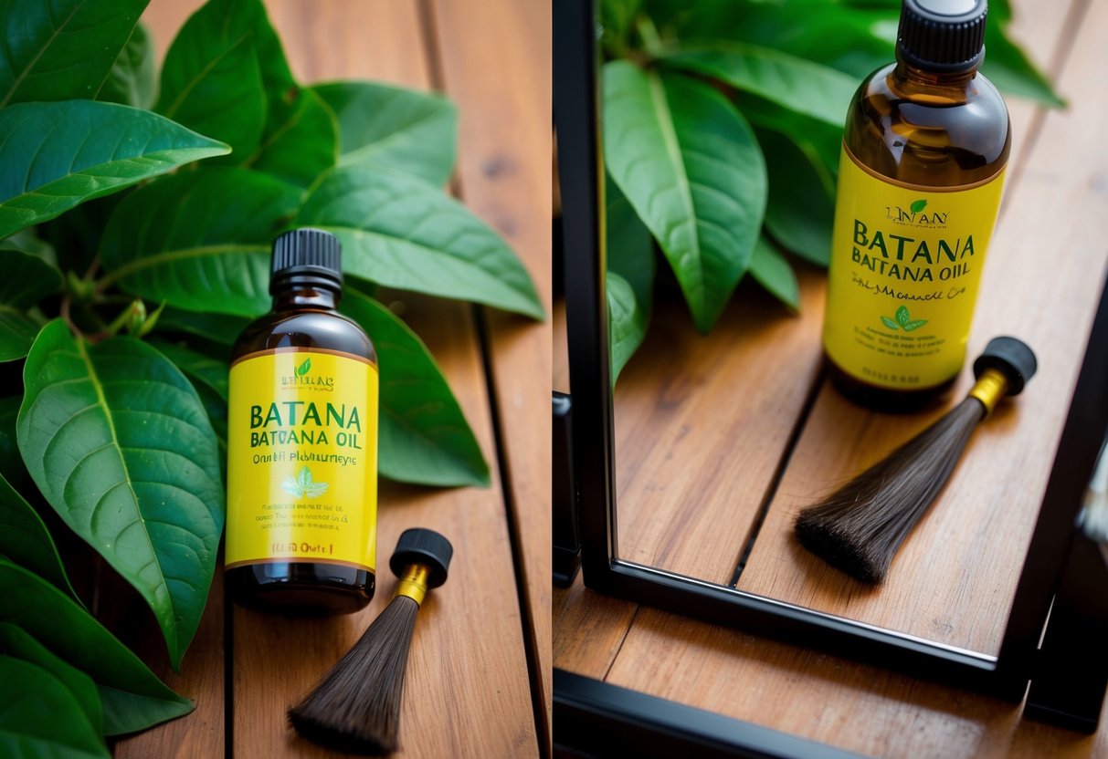 A bottle of batana oil sits on a wooden surface, surrounded by lush green leaves and a few strands of hair. On the right side, a mirror reflects the same scene, but with the hair looking healthier and shinier