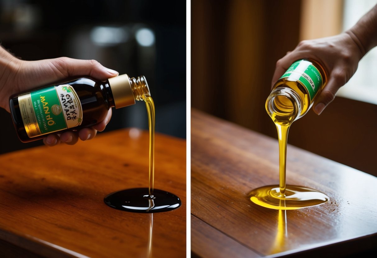 A hand holding a bottle of batana oil, pouring it onto a wooden surface. Another scene showing the wooden surface with a glossy sheen after application