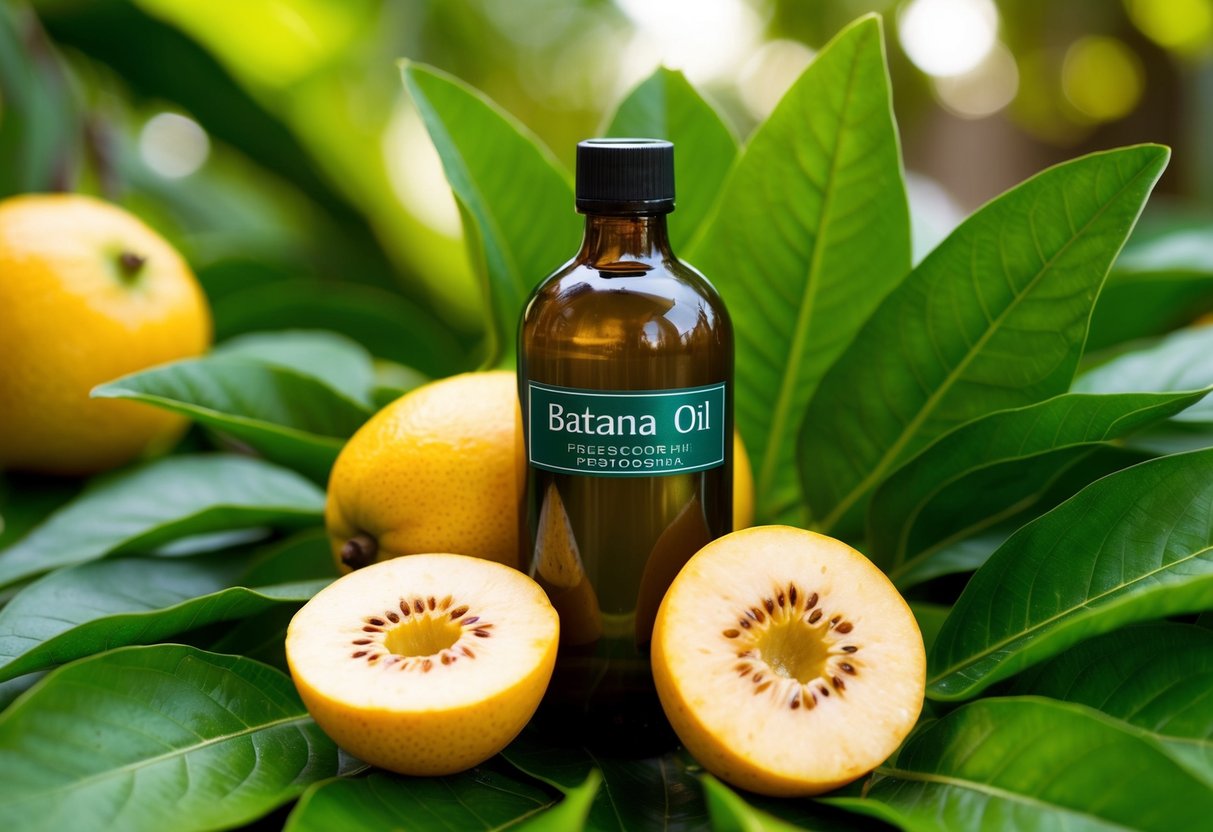 A bottle of batana oil surrounded by vibrant batana fruit and lush green leaves, with a clear focus on the oil's nourishing properties