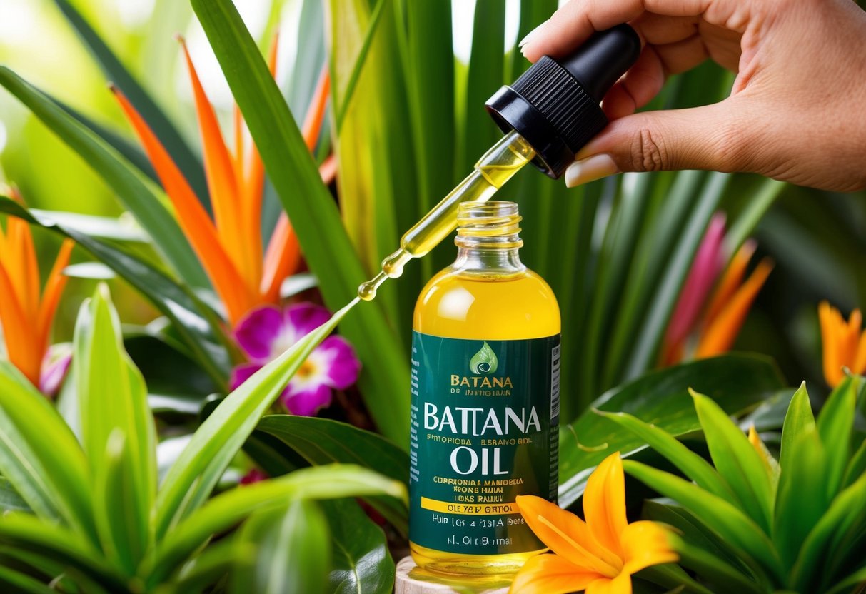 A bottle of batana oil surrounded by vibrant, tropical plants and flowers. The oil is shown being applied to a lush, healthy-looking strand of hair