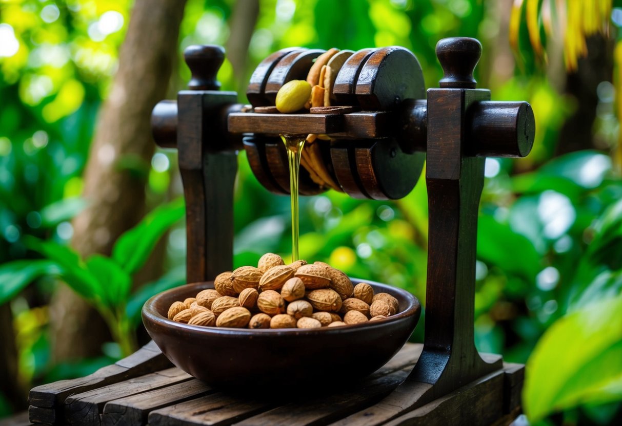 A traditional wooden press extracts batana oil from nuts in a lush rainforest setting