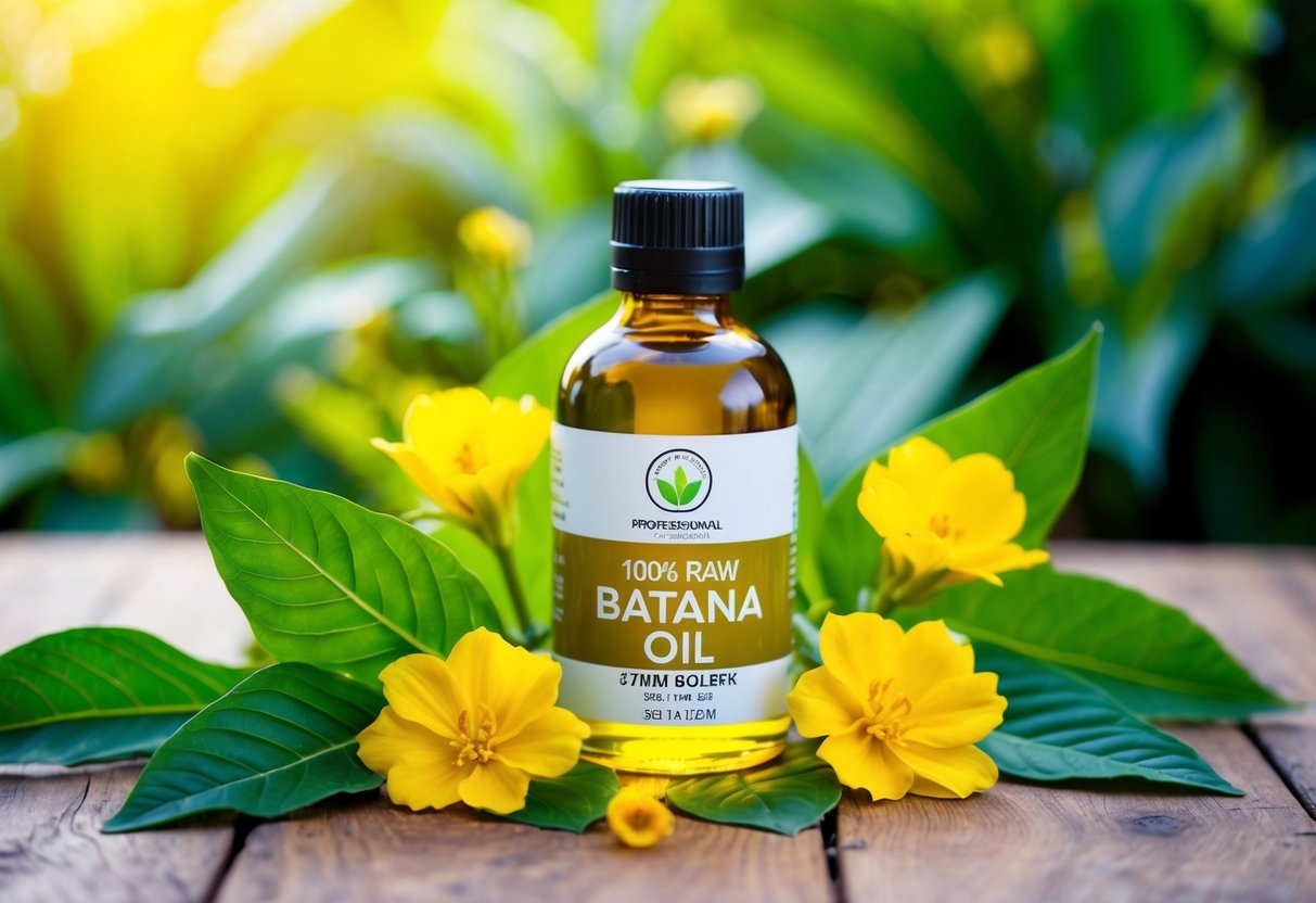 A bottle of 100% raw batana oil sits on a wooden table, surrounded by lush green leaves and vibrant yellow flowers. The oil is rich and golden, exuding a sense of natural beauty and nourishment