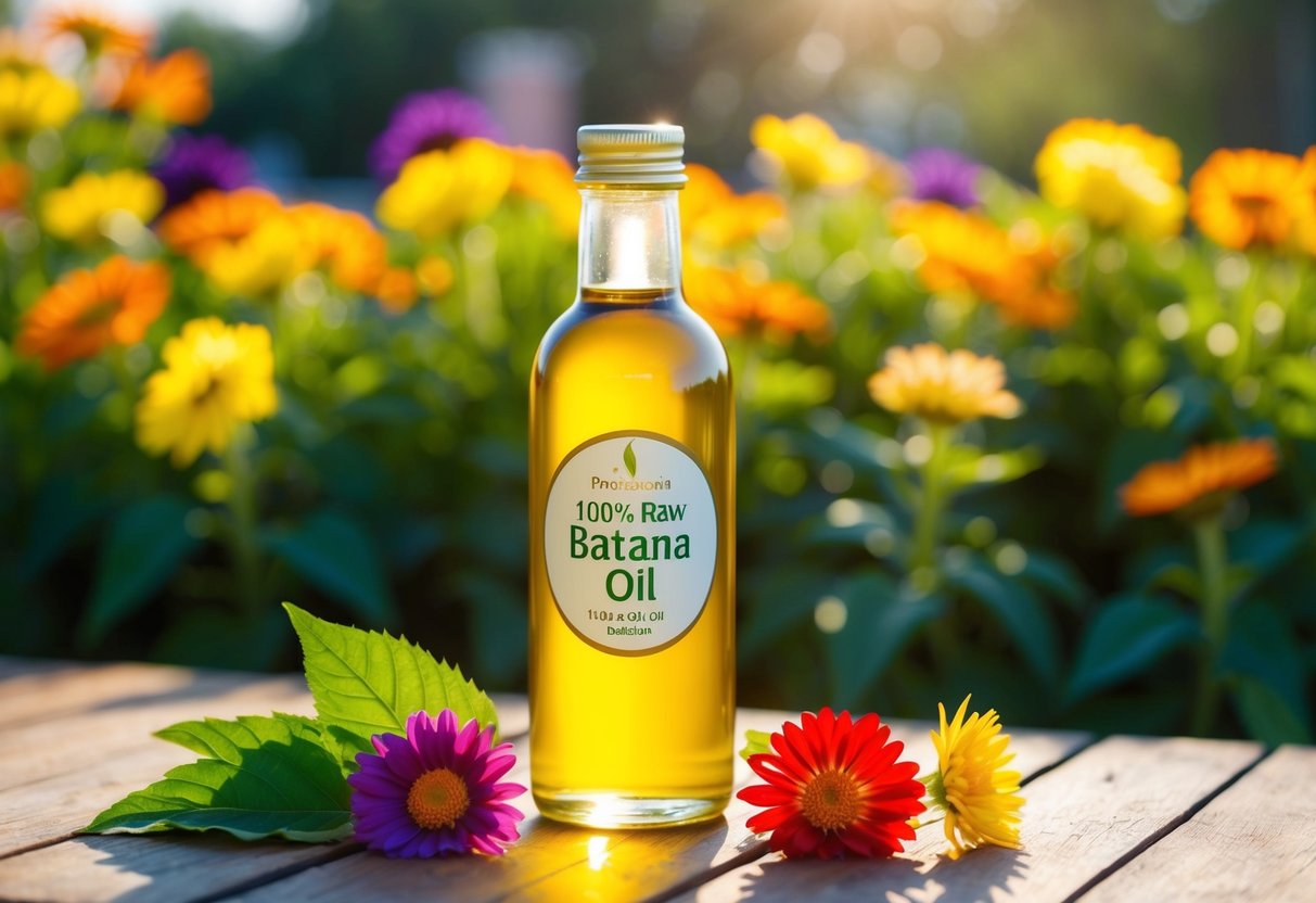 A bottle of 100% raw batana oil sits on a wooden table, surrounded by colorful flowers and leaves. The oil glistens in the sunlight, emphasizing its natural and nourishing properties