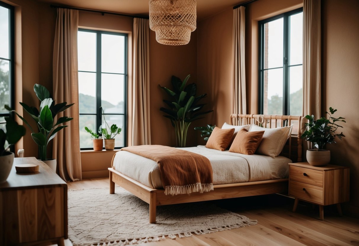 A cozy bedroom with warm earthy tones, natural wood furniture, and soft, textured fabrics. Large windows let in natural light, and potted plants add a touch of greenery