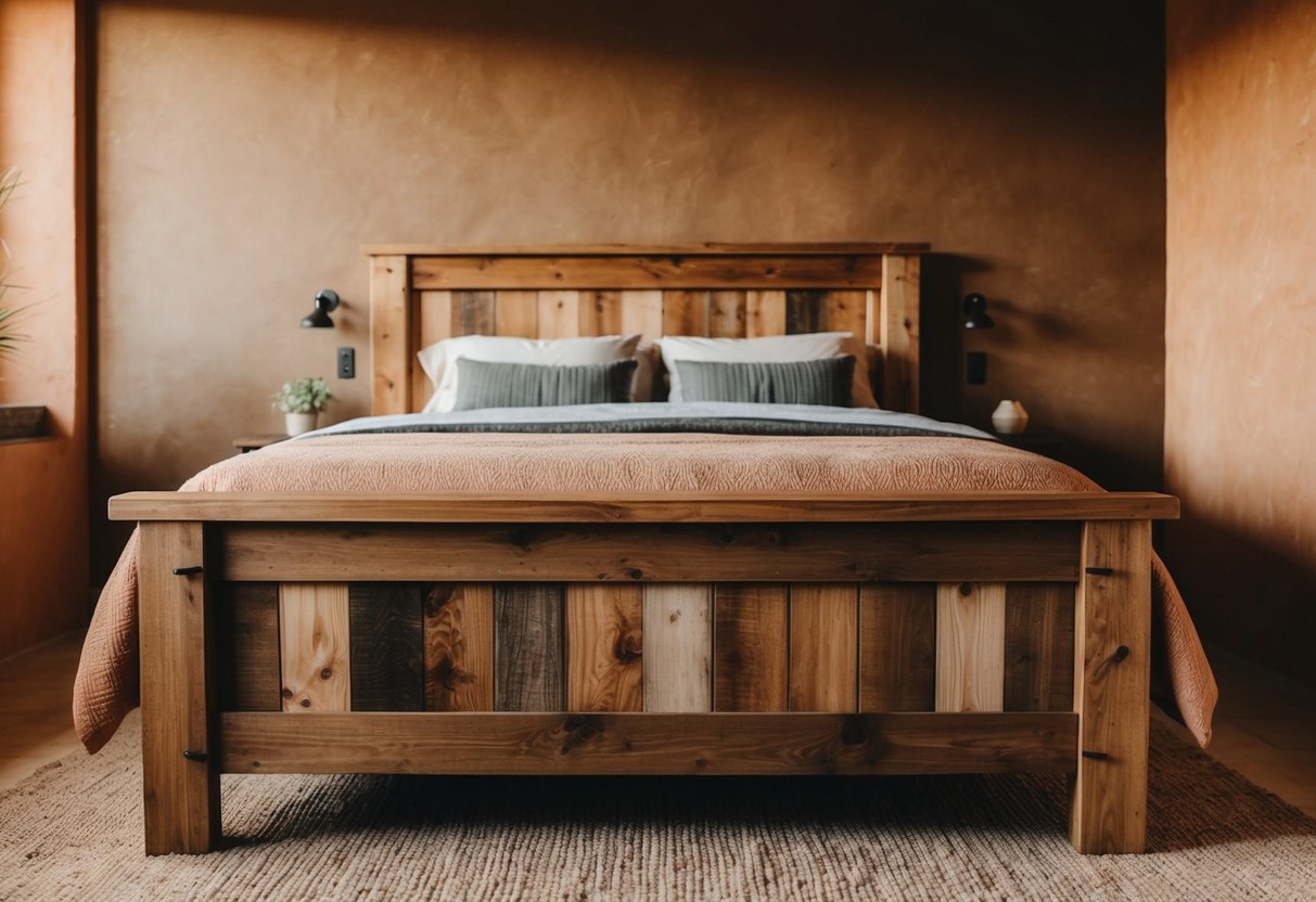 A rustic wooden bed frame sits in a cozy, earth-toned bedroom. Warm lighting and natural textures create a serene and inviting atmosphere