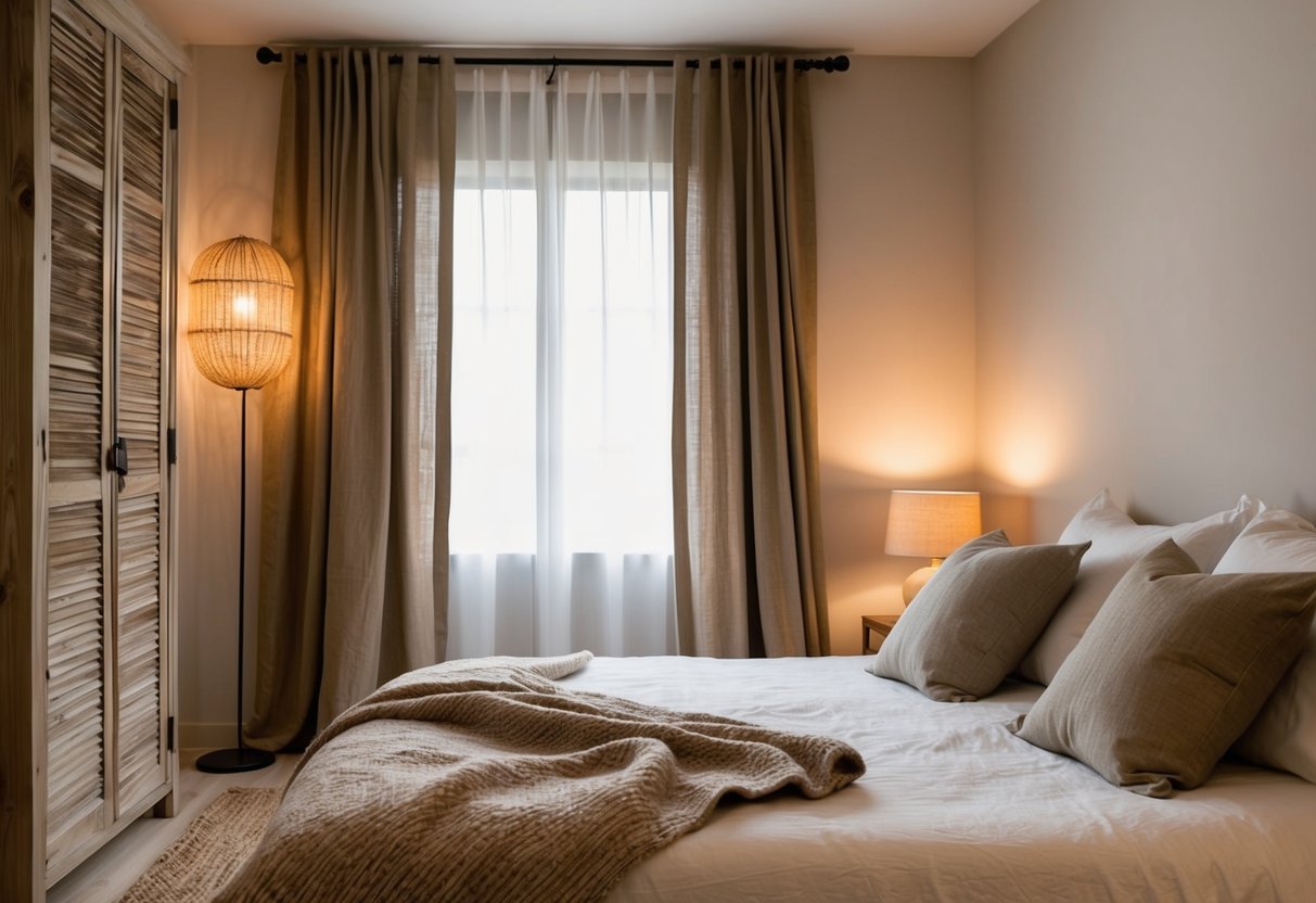 A cozy bedroom with earth-toned linen curtains, warm lighting, and natural textures. A neutral color palette and rustic décor create a peaceful, earthy atmosphere