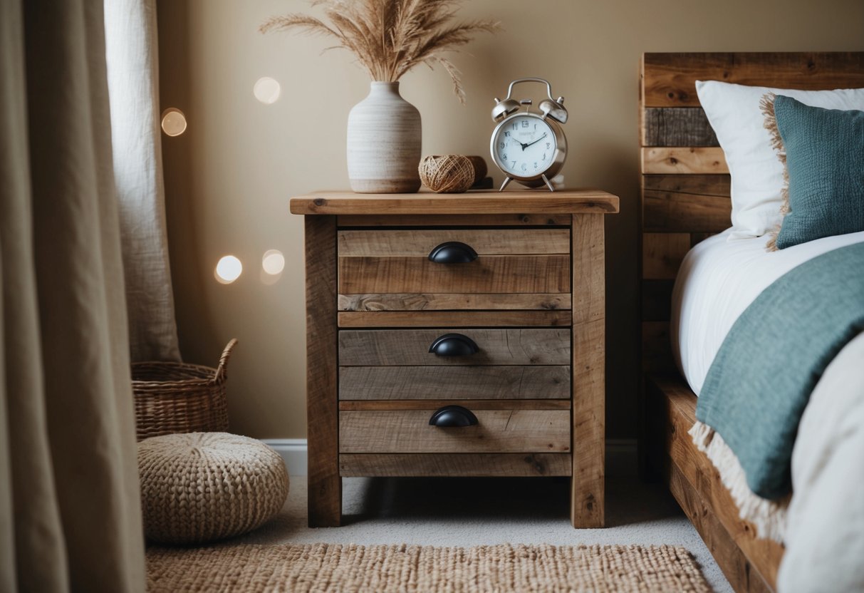 A rustic nightstand made of reclaimed wood sits in a cozy bedroom surrounded by earthy decor and natural textures