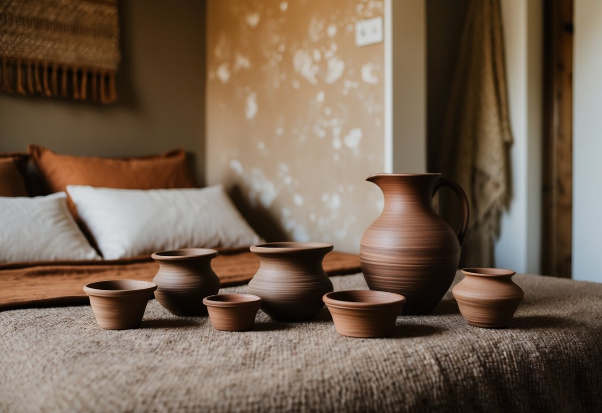 A cozy bedroom with earthy tones and textures. A handmade clay pottery collection adorns the room, adding a rustic and artisanal touch to the space