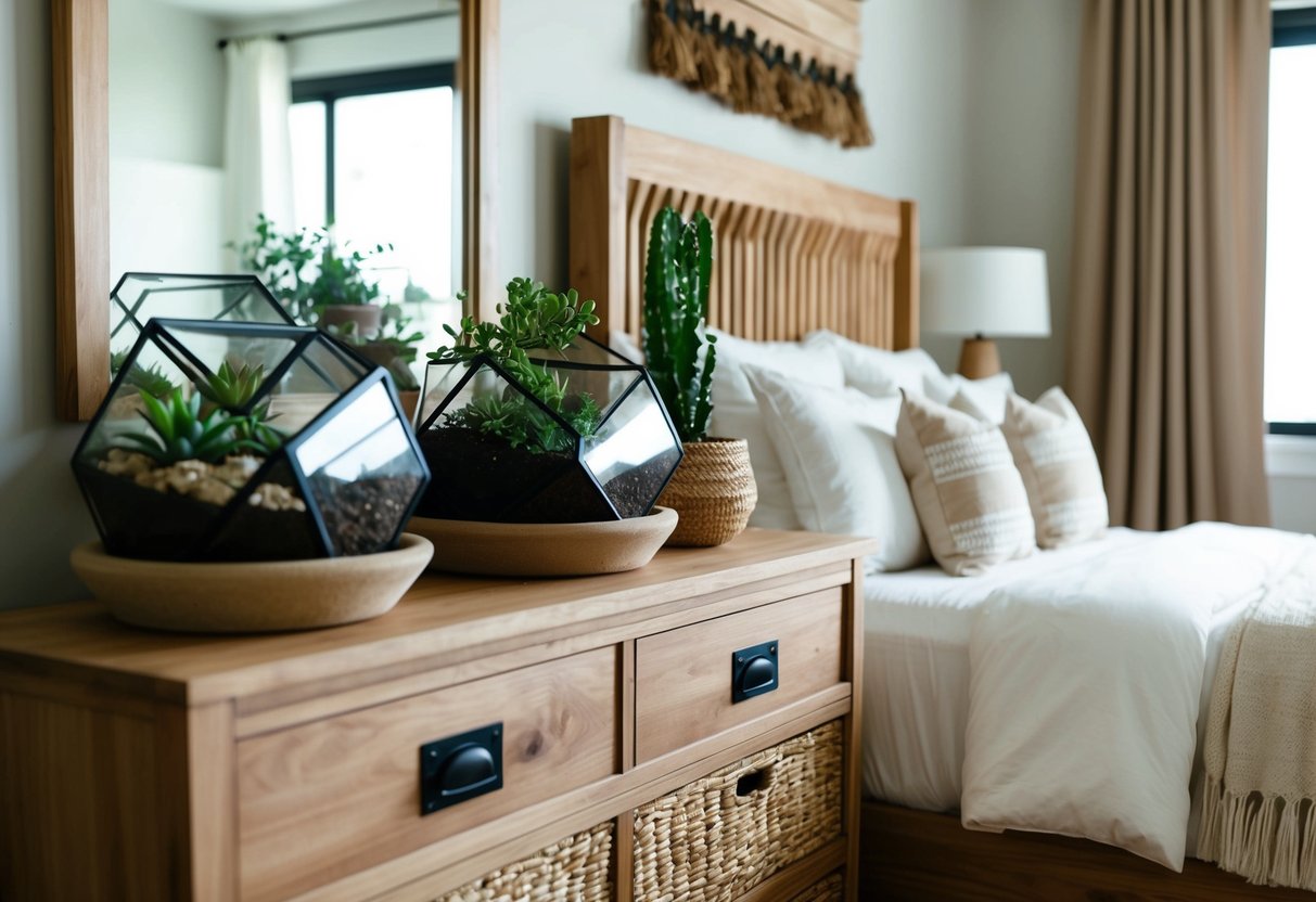 A cozy bedroom with terrarium planters on a wooden dresser. Earthy tones dominate the decor, with natural materials and soft textures creating a tranquil atmosphere