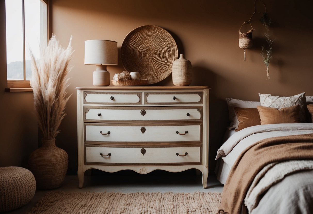 A vintage repurposed dresser sits in a cozy, earth-toned bedroom. Natural materials and soft textures create a warm and inviting atmosphere