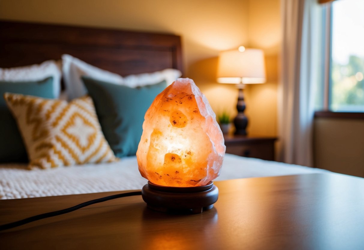 A cozy bedroom with warm earthy tones, featuring a Himalayan salt lamp as the focal point. Soft lighting creates a peaceful and relaxing atmosphere