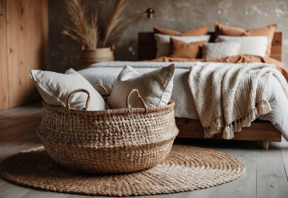 A handwoven basket sits on a wooden floor, filled with cozy blankets and pillows. The earthy bedroom is adorned with natural textures and warm, neutral colors