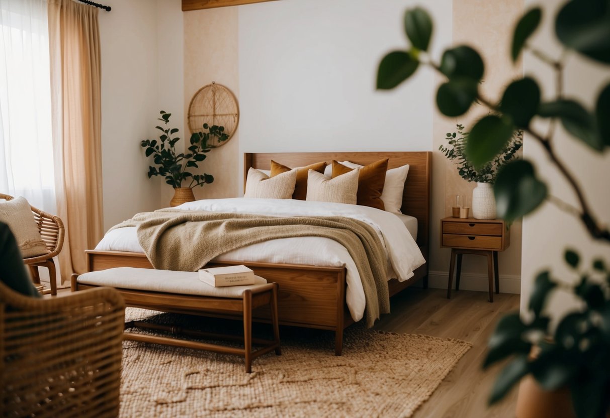 A cozy bedroom with earthy tones, natural textures, and botanical elements. Warm wood furniture, soft greenery, and natural light create a serene and inviting atmosphere